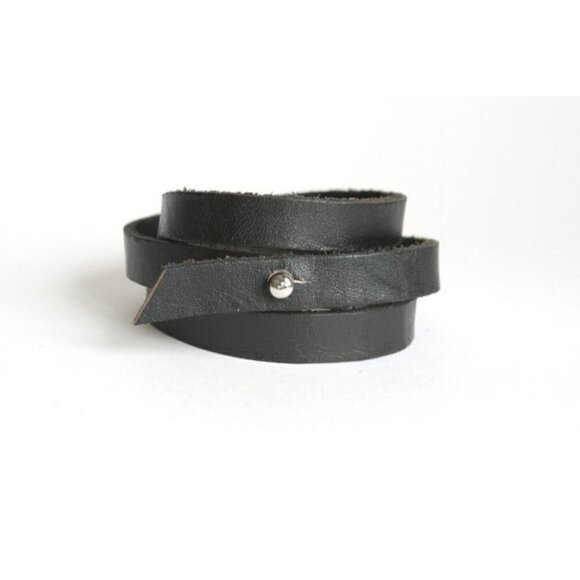 Black Leather Triple Wrap Bracelet with Silvertone Stud Closure - Picture 2 of 4